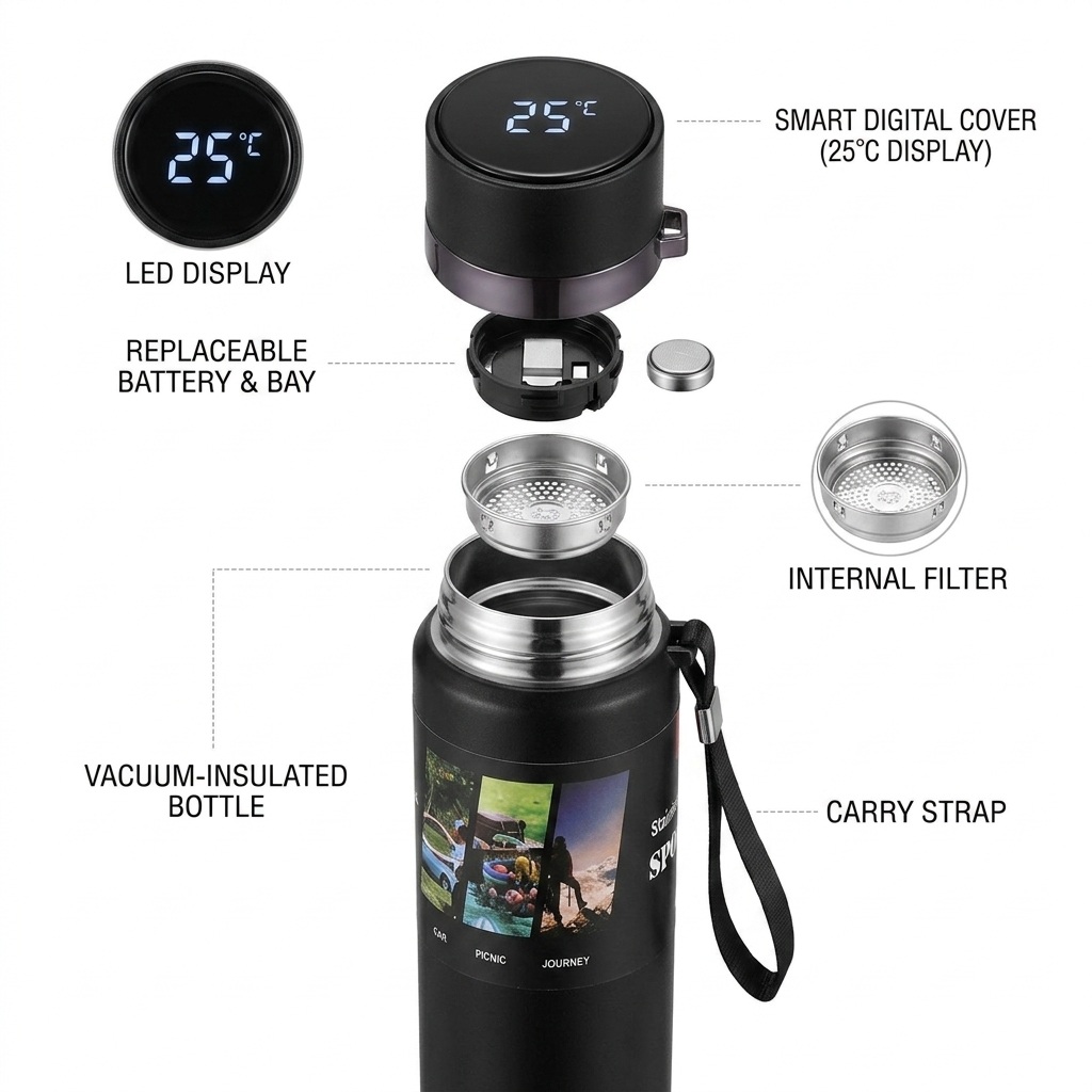 Alsultan Sports Vacuum Insulated Stainless Steel Water Bottle Hot & Cold Thermal Flask with Carry Strap