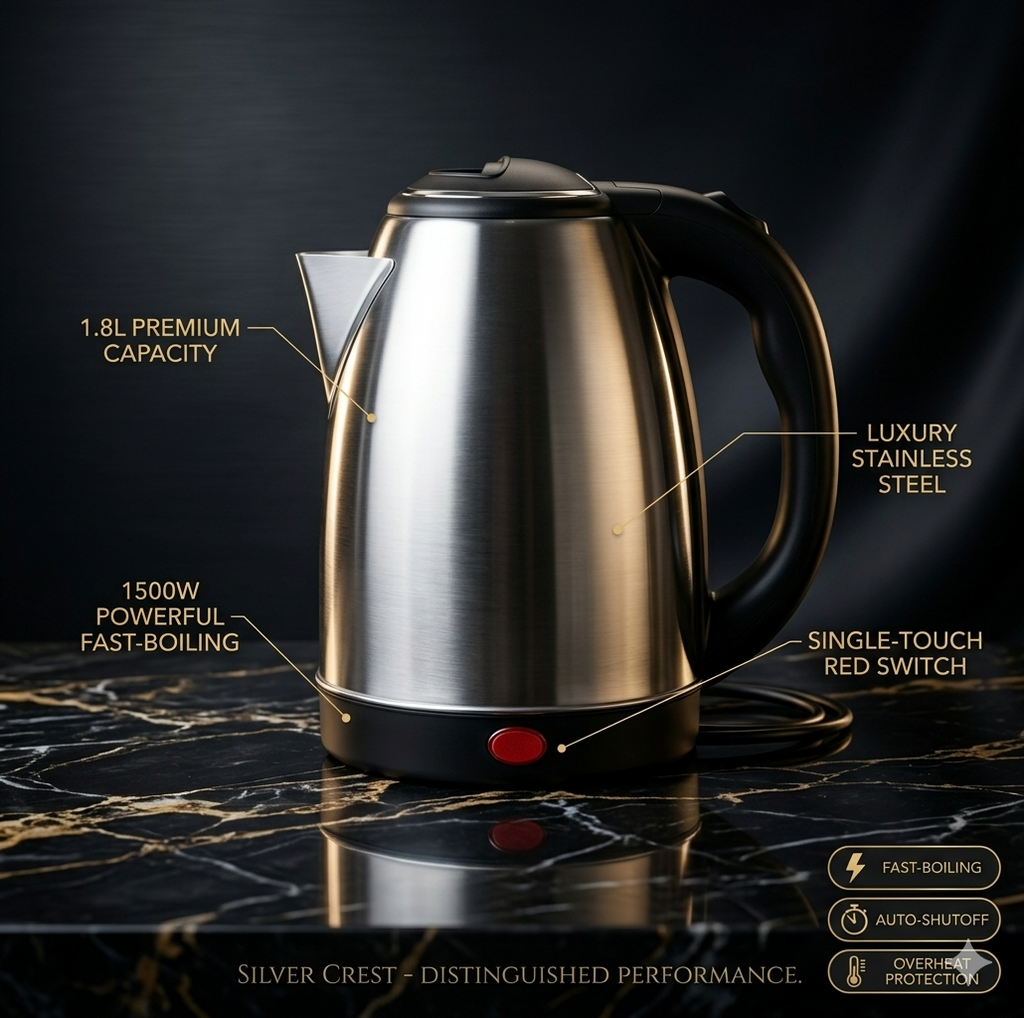 Fast Boil Electric Kettle – 1.8L Stainless Steel Electric Water Heater | Auto Shut-Off Safety Kettle for Home & Office